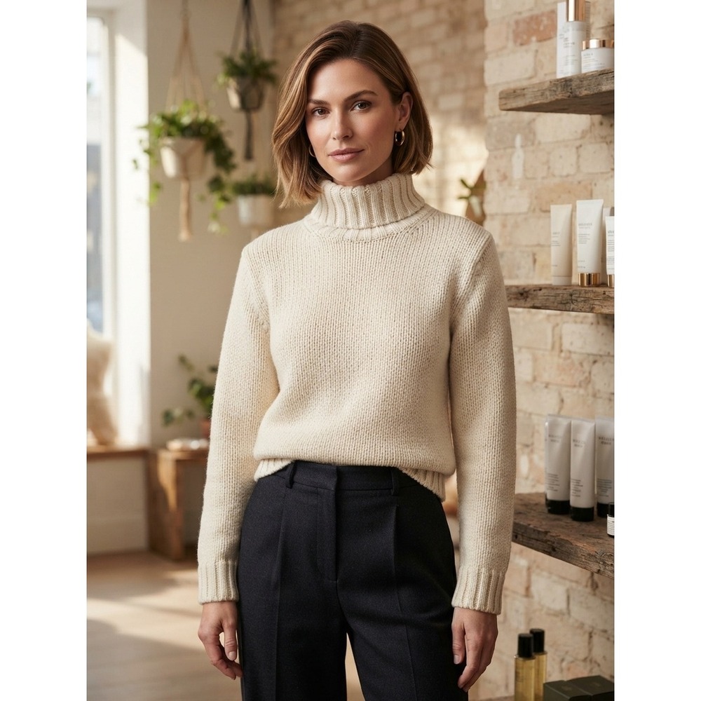 Vintage Sutton Studio Turtleneck Merino Wool Sweater Women's L Ivory Ribbed Knit
